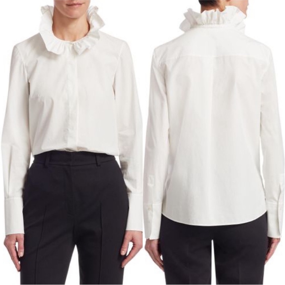 Akris Punto White Cotton Blouse with Ruffle Collar Size 14